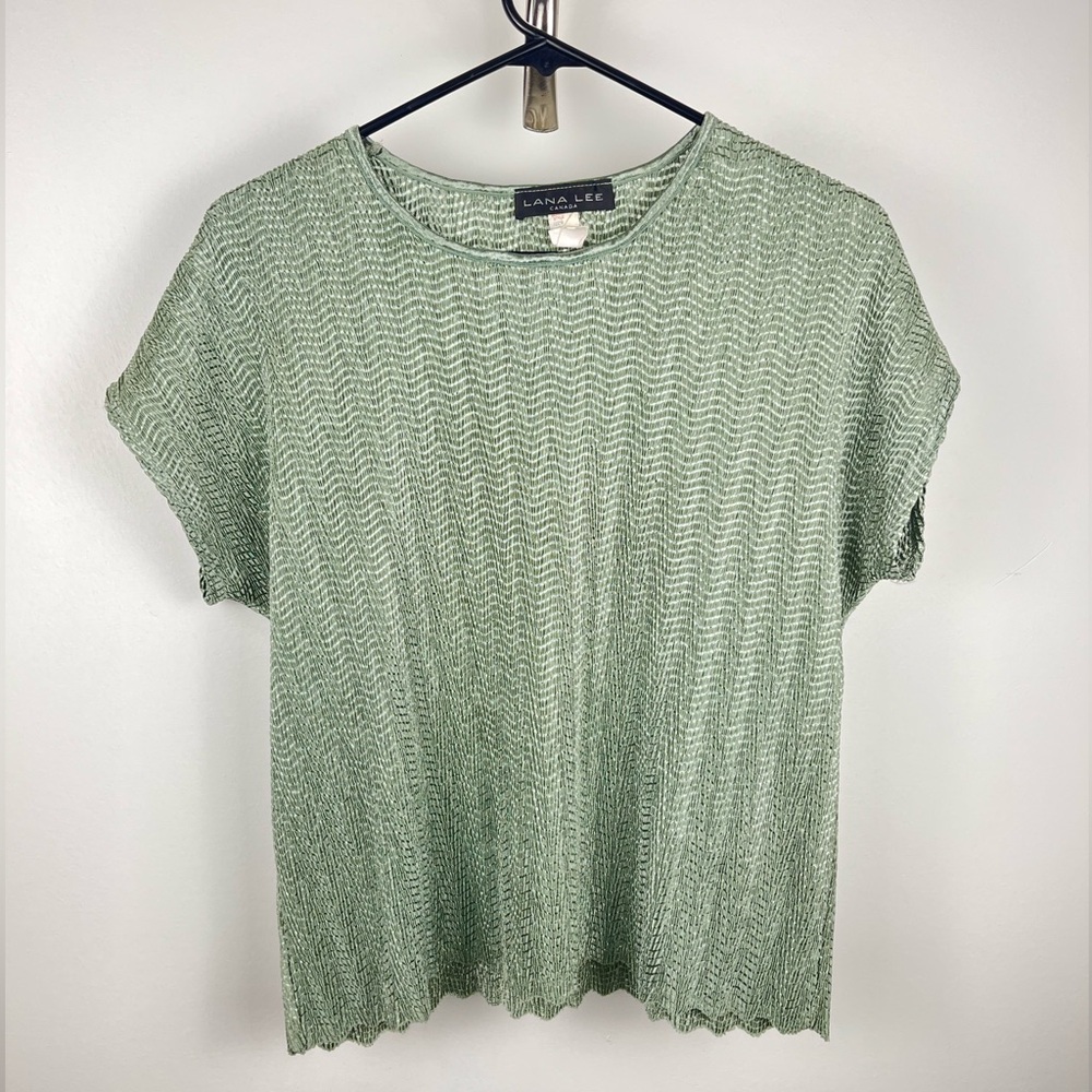 Vintage Lana Lee Sage Green Plisse Crinkle Pleated Top XL Made in Canada